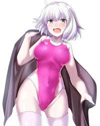 Rule 34 | 1girl, arena (company), breasts, brown towel, collarbone, competition swimsuit, cowboy shot, embarrassed, fate/grand order, fate (series), hair between eyes, highres, jeanne d&#039;arc (fate), jeanne d&#039;arc alter (avenger) (fate), jeanne d&#039;arc alter (fate), looking at viewer, medium breasts, one-piece swimsuit, open mouth, pink one-piece swimsuit, short hair, silver hair, simple background, solo, standing, swimsuit, thighhighs, towel, water, wet, wet clothes, wet swimsuit, white background, white thighhighs, window, yellow eyes, zanntetu