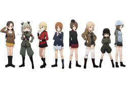 Rule 34 | 10s, 6+girls, absurdres, anchovy (girls und panzer), ankle boots, asymmetrical bangs, black footwear, black jacket, black legwear, black necktie, black shirt, black skirt, blonde hair, blue eyes, blue footwear, blue hat, blue jacket, blue shorts, blue skirt, blush, boots, brown eyes, brown hair, brown jacket, chi-hatan military uniform, closed eyes, closed mouth, crossed arms, cup, darjeeling (girls und panzer), denim, denim shorts, dress shirt, drill hair, fang, full body, garrison cap, girls und panzer, green hair, green shirt, grey jacket, grey legwear, grey pants, grey skirt, grin, hair intakes, hair ribbon, hand on own hip, hands on own hips, hat, helmet, highres, holding, holding riding crop, jacket, katyusha (girls und panzer), kay (girls und panzer), kicchi (tmgk), knee boots, light smile, long hair, long sleeves, looking at another, looking at viewer, mika (girls und panzer), military, military hat, military uniform, miniskirt, multiple girls, necktie, nishi kinuyo, nishizumi maho, nishizumi miho, open mouth, pants, pleated skirt, red eyes, red jacket, red shirt, red skirt, ribbon, riding crop, salute, saucer, shirt, short hair, short jumpsuit, short shorts, shorts, shoulder belt, simple background, skirt, smile, socks, standing, tank helmet, teacup, thighhighs, track jacket, trait connection, twin drills, twintails, uniform, white background, white legwear, white shirt, white skirt, yellow skirt
