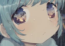Rule 34 | 1girl, blue hair, blue sky, blurry, blurry background, blush, building, city, city lights, close-up, closed mouth, cloud, cloudy sky, commentary, crying, crying with eyes open, evening, eye focus, eye reflection, niizuka (c-drop), no nose, original, outdoors, portrait, power lines, rain, reflection, sky, solo, sun shower, sunset, tareme, teardrop, tears, utility pole, water, water drop, wet, wet hair, yellow sky