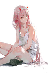Rule 34 | 1girl, aqua eyes, bare arms, bare legs, bare shoulders, breasts, cleavage, closed mouth, collarbone, darling in the franxx, dino (dinoartforame), eyelashes, eyeliner, facing to the side, foot out of frame, highres, horns, light smile, long hair, looking at viewer, makeup, oversized clothes, pink hair, pout, red horns, shirt, shoe soles, simple background, sitting, sleeveless, sleeveless shirt, slippers, solo, strap gap, very long hair, white background, white shirt, zero two (darling in the franxx)