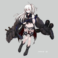 Rule 34 | 1girl, abyssal ship, ahoge, black footwear, black gloves, black shirt, blue ribbon, boots, cannon, dated, destroyer water oni, full body, gloves, grey background, hair between eyes, hair ornament, highres, holding, holding ribbon, kantai collection, kokudou juunigou, long hair, looking at viewer, navel, one side up, open mouth, red eyes, ribbon, shirt, simple background, sleeveless, sleeveless shirt, solo, standing, torn clothes, torn shirt, torpedo, turret, v-shaped eyebrows, very long hair, white hair