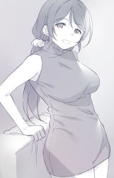 Rule 34 | 1girl, breasts, dress, duke (inu daimyou), greyscale, hair ornament, hair scrunchie, large breasts, long hair, looking at viewer, love live!, love live! school idol project, low twintails, monochrome, scrunchie, sleeveless, sleeveless dress, sleeveless sweater, smile, solo, sweater, sweater dress, tojo nozomi, turtleneck, twintails