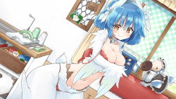 Rule 34 | 1girl, artist request, bird legs, bird tail, blue hair, blush, breasts, covering privates, covering breasts, dodo (bird), feathers, flower, game cg, hair between eyes, hair flower, hair ornament, hairband, harpy, indoors, large breasts, lea (monster musume), looking at viewer, midriff, monster girl, monster musume no iru nichijou, monster musume no iru nichijou online, navel, official art, panties, photo (object), pink panties, short hair, short tail, smile, solo, stuffed animal, stuffed toy, tail, underwear, undone bra, white feathers, white flower, white wings, wide hips, winged arms, wings, yarn bobbin, yellow eyes