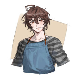 Rule 34 | 1boy, ahoge, apron, brown hair, commentary request, cropped torso, denim, granblue fantasy, hair between eyes, looking to the side, male focus, messy hair, red eyes, sandalphon (granblue fantasy), sandalphon (server of a sublime brew) (granblue fantasy), shirt, short hair, smile, solo focus, striped clothes, striped shirt, tki, upper body, vertical-striped clothes, vertical-striped shirt