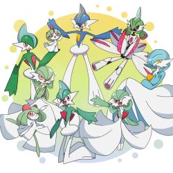 Rule 34 | 1other, 3boys, 5girls, arm blade, arm up, arms up, black sclera, blue hair, blue skin, blunt bangs, bob cut, bowl cut, colored sclera, colored skin, creatures (company), evolutionary line, flat chest, full body, gallade, game freak, gardevoir, gen 3 pokemon, gen 4 pokemon, green hair, green skin, grey hair, hair between eyes, hair over one eye, hand up, happy, holding, holding pokemon, humanoid robot, iron valiant, joints, kirlia, kneeling, leg up, medium hair, mohawk, monya, multicolored hair, multicolored skin, multiple boys, multiple girls, nintendo, one eye closed, one eye covered, open mouth, orange eyes, outstretched arm, outstretched arms, own hands together, pokemon, pokemon (creature), ralts, red eyes, red hair, robot, robot joints, shiny and normal, shiny pokemon, short hair, sidelocks, sitting, smile, spread arms, standing, standing on one leg, steepled fingers, textless version, twintails, two-tone hair, two-tone skin, v arms, weapon, white skin, wink