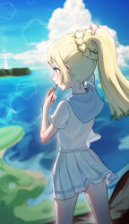 Rule 34 | 1girl, adjusting hair, apopo, arm up, blonde hair, braid, cloud, commentary request, creatures (company), day, eyelashes, game freak, green eyes, hand up, highres, lillie (pokemon), long hair, mouth hold, nintendo, outdoors, pleated skirt, pokemon, pokemon sm, ponytail, shirt, short sleeves, skirt, sky, solo, standing, white shirt, white skirt