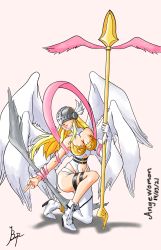 Rule 34 | absurdres, angel, angewomon, covered eyes, digimon, highres, lance, mask, polearm, weapon, wings