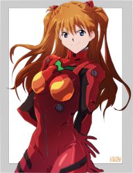 Rule 34 | 1girl, blue eyes, bodysuit, breasts, closed mouth, dated, gloves, hair ornament, long hair, looking at viewer, neon genesis evangelion, orange hair, osanpogakari, plugsuit, red bodysuit, shiny clothes, simple background, smile, solo, souryuu asuka langley, standing, very long hair, white background, wide hips