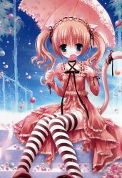 Rule 34 | absurdres, animal ears, blush, candy, cat ears, cat tail, eating, food, green eyes, highres, lolita fashion, panties, parasol, pink hair, solo, striped clothes, striped thighhighs, tail, thighhighs, tinker bell (pixiv 10956015), twintails, umbrella, underwear