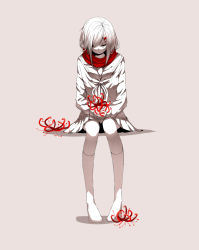 Rule 34 | 1girl, 23i2ko, beige background, closed mouth, crying, enpera, closed eyes, flower, hair ornament, hairclip, highres, kagerou project, long hair, red scarf, scarf, school uniform, simple background, sitting, skirt, solo, spider lily, spot color, tateyama ayano, tears, thighhighs