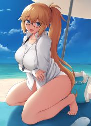 Rule 34 | 1girl, beach, beach towel, beach umbrella, blonde hair, blue eyes, breasts, cold (hoshinoskull), collarbone, competition swimsuit, day, fate/grand order, fate (series), full body, glasses, jacket, jeanne d&#039;arc (fate), jeanne d&#039;arc (ruler) (fate), jeanne d&#039;arc (swimsuit archer) (fate), jeanne d&#039;arc (swimsuit archer) (second ascension) (fate), kneeling, large breasts, long hair, one-piece swimsuit, open clothes, open jacket, open mouth, outdoors, ponytail, sky, solo, swimsuit, towel, umbrella, very long hair, whistle, whistle around neck, white jacket, white one-piece swimsuit