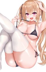 Rule 34 | 1girl, ana (vvvvor), bikini, black bikini, fang, light brown hair, long hair, looking at viewer, original, pink eyes, simple background, smile, solo, swimsuit, twintails, very long hair, white background