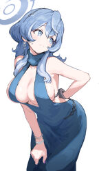 Rule 34 | 1girl, absurdres, ako (blue archive), ako (dress) (blue archive), arm behind back, blue archive, blue dress, blue eyes, blue hair, blue halo, breasts, cho gum, cleavage, commentary, cuffs, dress, earrings, frown, halo, hand on own knee, handcuffs, highres, jewelry, large breasts, long hair, looking to the side, plunging neckline, simple background, solo, standing, white background