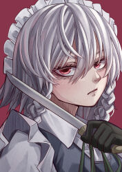 Rule 34 | 1girl, absurdres, black gloves, braid, close-up, closed mouth, commentary request, expressionless, gloves, grey hair, hair between eyes, hand up, highres, holding, holding knife, izayoi sakuya, knife, light blush, lips, looking at viewer, mahoro (minase mahoro), maid, maid headdress, medium hair, nose, red background, red eyes, simple background, solo, touhou, tsurime, twin braids