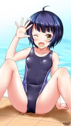 Rule 34 | 1girl, ahoge, antenna hair, arms up, artist name, black hair, black one-piece swimsuit, blue one-piece swimsuit, blush, breasts, collarbone, competition swimsuit, covered navel, cowboy shot, dated, fang, gochuumon wa usagi desu ka?, highleg, highleg swimsuit, highres, jouga maya, looking at viewer, one-piece swimsuit, one eye closed, open mouth, outdoors, pool, poolside, short hair, simple background, sitting, skindentation, small breasts, solo, swimsuit, tsuchimiya, water, wet, wet clothes, wet swimsuit, wink, yellow eyes
