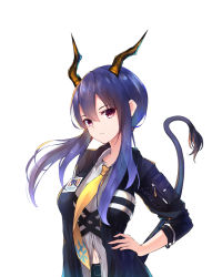 Rule 34 | 1girl, arknights, artist name, black jacket, blue hair, breasts, ch&#039;en (arknights), closed mouth, collared shirt, commentary, cowboy shot, dragon horns, dragon tail, english commentary, expressionless, hair between eyes, hand on own hip, highres, horns, jacket, leria v, long hair, looking at viewer, medium breasts, midriff, name tag, navel, necktie, open clothes, open jacket, purple eyes, shirt, signature, solo, straight hair, tail, twintails, white shirt, wing collar, yellow necktie