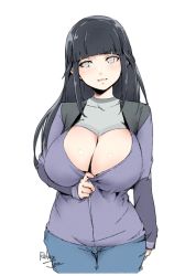 Rule 34 | 1girl, black hair, blue pants, blush, breasts, cleavage, cleavage reach, commentary, denim, grey eyes, hime cut, huge breasts, hyuuga hinata, jacket, jeans, looking at viewer, naruto (series), naruto shippuuden, pants, partially unzipped, purple jacket, relaxjon, signature, simple background, solo, white background