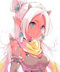 Rule 34 | 1girl, blue eyes, breasts, cleavage, closed mouth, colored skin, commentary request, copyright request, crop top, earrings, elbow gloves, gloves, horns, jewelry, kuga tsukasa, long hair, looking at viewer, medium breasts, pointy ears, red skin, scarf, smile, solo, tank top, upper body, white hair, yellow scarf