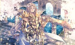 1boy aries_muu armor bridge cherry_blossoms curtained_hair falling_petals gauntlets gold_armor gold_cloth gold_helmet gold_saint green_eyes hands_up helmet highres holding holding_helmet kei_(nvew8238) long_hair looking_at_viewer low-tied_long_hair male_focus parted_bangs petals pink_hair pink_petals saint_seiya smile solo unworn_headwear unworn_helmet water