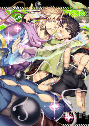 Rule 34 | 2boys, abs, battle tendency, blonde hair, blue eyes, blue jacket, bola (weapon), brown hair, bubble, blowing bubbles, caesar anthonio zeppeli, clothing cutout, cropped jacket, facial mark, feathers, fingerless gloves, gloves, green eyes, headband, highres, hydrokinesis, jacket, jewelry, jojo no kimyou na bouken, joseph joestar, joseph joestar (young), leotard, male focus, midriff, multiple boys, scarf, shiron (shiro n), side cutout, smoking pipe, striped clothes, striped scarf, water