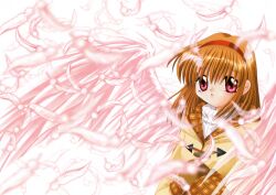 Rule 34 | 1girl, absurdres, brown hood, brown mittens, coat, collar, collared sweater, duffel coat, feathers, hairband, highres, hinoue itaru, hood, hooded coat, kanon, key (company), light brown hair, long sleeves, looking at viewer, mittens, official art, open mouth, own hands together, pink eyes, pink feathers, pink wings, red hairband, short hair, sleeve cuffs, solo, sweater, third-party source, toggles, tsukimiya ayu, turtleneck, turtleneck sweater, upper body, white background, white collar, white sweater, wings, winter clothes, yellow coat