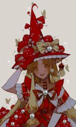 Rule 34 | 1girl, blonde hair, blush stickers, bug, butterfly, dress, fly agaric, frilled hat, frills, gloves, hand on headwear, hand up, hat, highres, insect, littlebluemuffin, long hair, mushroom, open mouth, original, red pupils, ribbon, short sleeves, smile, solo, thick eyebrows, very long hair, witch, witch hat, yellow eyes