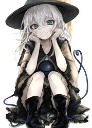Rule 34 | 1girl, black footwear, black hat, blouse, blue eyes, boots, bow, closed mouth, collarbone, commentary request, eyeball, green skirt, hair between eyes, hands on own face, hasunokaeru, hat, hat bow, heart, heart of string, highres, komeiji koishi, light green hair, looking at viewer, medium hair, shirt, simple background, skirt, sleeves past elbows, smile, solo, squatting, third eye, touhou, white background, wide sleeves, yellow bow, yellow shirt