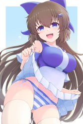 Rule 34 | 1girl, :d, absurdres, bare shoulders, blouse, blue background, blue bow, blue eyes, blue shirt, bow, bow panties, breasts, brown hair, clothes lift, clothing cutout, commentary request, gluteal fold, groin, hair between eyes, hair bow, hair ornament, hairclip, heart, highres, lifting own clothes, long hair, looking at viewer, medium breasts, nagasarete airantou, open mouth, panties, pleated skirt, shirt, shoulder cutout, side-tie panties, skirt, skirt lift, sleeveless, sleeveless shirt, smile, solo, striped clothes, striped panties, suzu (nagasarete airantou), teeth, temari rin, thighhighs, two-tone background, underwear, upper teeth only, very long hair, white background, white skirt, white thighhighs