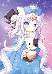 Rule 34 | 10s, 1girl, :o, animal, blue bow, blue dress, blue eyes, blush, bow, cat, choin, colored eyelashes, commentary request, crescent, detached sleeves, dress, flask, frilled bow, frilled ribbon, frilled sleeves, frills, hair bow, kirara fantasia, long hair, long sleeves, looking at viewer, parted lips, pleated dress, ribbon, round-bottom flask, sengoku kamuri, silver hair, sleeves past wrists, slow start, solo, star (symbol), tiara, white bow, white ribbon