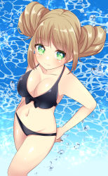 Rule 34 | 1girl, bare arms, bare shoulders, bikini, black bikini, blush, closed mouth, collarbone, commentary request, double bun, from above, front-tie bikini top, front-tie top, green eyes, groin, light brown hair, light smile, looking at viewer, looking up, misaki (misaki86), navel, original, side bun, sidelocks, solo, standing, swimsuit, water