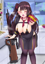 Rule 34 | 1girl, blush, box, box of chocolates, breasts, bullpup, closed eyes, covered navel, girls&#039; frontline, gun, heart-shaped box, highres, indoors, large breasts, long hair, long sleeves, nail polish, necktie, open mouth, pantyhose, popoman, purple hair, purple nails, purple pantyhose, red necktie, rifle, side ponytail, sideboob, sniper rifle, solo, wa2000 (girls&#039; frontline), walther, walther wa 2000, weapon