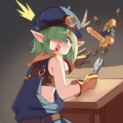 Rule 34 | 1girl, @ @, aoi (mechanic) (princess connect!), aoi (princess connect!), blue hat, blush, dildo, gloves, green eyes, green hair, hair over one eye, hat, hat feather, head tilt, heart, heart in mouth, holding, holding wrench, nose blush, open mouth, overalls, pointy ears, princess connect!, sex toy, simple background, simplecar, solo, surprised, sweat, upper body, wavy hair, wrench