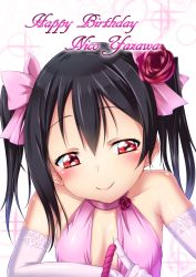 Rule 34 | 10s, 1girl, black hair, character name, elbow gloves, gloves, happy birthday, long hair, love live!, love live! school idol project, poking, red eyes, satou kuuki, smile, solo, twintails, yazawa nico