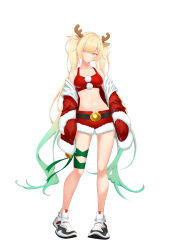 Rule 34 | 1girl, absurdres, aizawa ema, animal ears, antlers, bare shoulders, bell, belt, bikini, black belt, blonde hair, blue eyes, blunt bangs, christmas, deer ears, fur-trimmed bikini, fur-trimmed jacket, fur-trimmed shorts, fur trim, gradient hair, green hair, green ribbon, highres, horns, jacket, leg ribbon, long hair, looking at viewer, midriff, multicolored hair, navel, nouto, off shoulder, pom pom (clothes), red bikini, red jacket, red shorts, reindeer antlers, ribbon, santa bikini, santa costume, shoes, short shorts, shorts, simple background, sneakers, solo, standing, stomach, swimsuit, twintails, very long hair, virtual youtuber, vspo!, white background