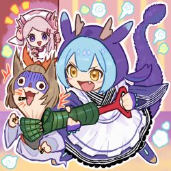 Rule 34 | 3girls, :d, animal ears, apron, ash blossom &amp; joyous spring, bangs pinned back, blue gloves, blue hair, blue kimono, blush stickers, bow, brown hair, called by the grave, chibi, commentary, dog ears, dragon girl, dragon horns, dragon tail, dress, duel monster, fang, full body, ghost, ghost tail, gloves, hair between eyes, hair bow, hair ornament, hairclip, hat, highres, holding, horns, hucydin, japanese clothes, kimono, laundry dragonmaid, long hair, long sleeves, maid, maid apron, maxx c, multicolored hair, multiple girls, notice lines, nurse cap, nurse dragonmaid, objectification, open mouth, parted bangs, pink gloves, pink hair, pink horns, purple eyes, shaded face, short hair, sidelocks, smile, standing, strangling, symbol-only commentary, tail, wa maid, white kimono, yellow eyes, yu-gi-oh!