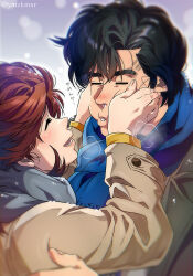 Rule 34 | 1boy, 1girl, absurdres, black hair, blue scarf, blush, brown hair, brown jacket, city hunter, closed eyes, cold, commentary request, eyebrow cut, eyelashes, fingernails, hands on another&#039;s cheeks, hands on another&#039;s face, highres, jacket, long sleeves, lower teeth only, makimura kaori, male focus, open mouth, outdoors, saeba ryou, scarf, snot, snow on head, teeth, translation request, winter, yuu (masarunomori)