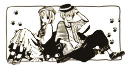 Rule 34 | 1boy, 1girl, adjusting clothes, adjusting headwear, anzu (o6v6o), cat-shaped pillow, cushion, dual persona, genderswap, genderswap (ftm), glasses, gumi, gumiya, hat, jacket, jewelry, knee up, knees up, long sleeves, monochrome, own hands together, pants, paw print, pendant, sandals, sepia, shirt, shoes, short sleeves, sitting, skirt, striped clothes, striped jacket, striped shirt, vocaloid, watch, wristwatch
