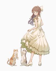 Rule 34 | 1girl, animal, bad id, bad pixiv id, bare arms, bare shoulders, blush, bow, brown hair, cat, closed mouth, commentary, dress, full body, green eyes, grey background, hair bow, high heels, highres, long hair, original, saino misaki, simple background, skirt hold, sleeveless, sleeveless dress, solo, standing, symbol-only commentary, white bow, white dress, white footwear