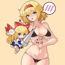 Rule 34 | 2girls, alice margatroid, bikini, black bikini, blue dress, blue eyes, blush, breasts, chinese commentary, closed mouth, commentary request, dress, eaglov, hair between eyes, hair intakes, hairband, highres, holding, holding weapon, large breasts, multiple girls, open mouth, pixel art, red hairband, shanghai doll, short hair, simple background, smile, spoken blush, swimsuit, touhou, variant set, weapon, yellow background