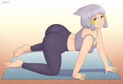 Rule 34 | 1girl, absurdres, all fours, animal ears, ass, bare shoulders, barefoot, breasts, cat ears, hair ribbon, highres, lackatask, looking at viewer, medium breasts, nia (xenoblade), pants, ribbon, shiny clothes, short hair, silver hair, skin tight, smile, solo, sports bra, xenoblade chronicles (series), xenoblade chronicles 2, yellow eyes, yoga pants