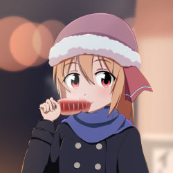Rule 34 | 1girl, alternate costume, beanie, blonde hair, blurry, blush, cato (monocatienus), coat, contemporary, depth of field, eating, fur trim, hat, ikayaki, looking at viewer, red eyes, rumia, scarf, sexually suggestive, short hair, smile, solo, squid, touhou, upper body, winter clothes