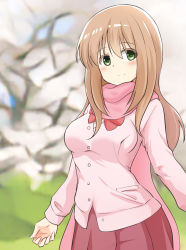 Rule 34 | 1girl, achiga school uniform, blurry, blurry background, bow, bowtie, brown hair, cardigan, closed mouth, commentary, cowboy shot, green eyes, highres, long hair, long sleeves, looking at viewer, matsumi yuu, nasunael, pink cardigan, pink scarf, pleated skirt, red bow, red bowtie, red skirt, saki, saki (manga), saki achiga-hen, scarf, school uniform, skirt, smile, solo, standing