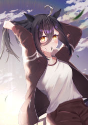 Rule 34 | 1girl, adjusting hair, ahoge, animal ears, arms up, black hair, blush, cloud, commentary request, cowboy shot, dot nose, gym uniform, hair between eyes, hair tie, hara945, highres, horse ears, horse girl, jacket, jersey, long bangs, long hair, long sleeves, looking at viewer, manhattan cafe (umamusume), mouth hold, multicolored hair, open clothes, open jacket, pants, red jacket, red pants, shirt, sky, solo, sweat, track jacket, track suit, umamusume, white shirt, yellow eyes