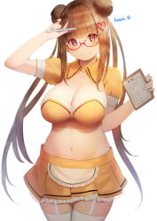 Rule 34 | 1girl, apron, bad id, bad pixiv id, blush, breasts, brown hair, cleavage, clipboard, double bun, garter straps, glasses, hair bun, jellytits-7, large breasts, long hair, looking at viewer, midriff, mole, mole on breast, mole under mouth, navel, original, pen, red-framed eyewear, simple background, skirt, smile, solo, thighhighs, thighs, twintails, very long hair, waitress, white background, white thighhighs
