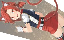 Rule 34 | 1girl, animal ears, belt, blush, cat ears, cat tail, dress, dutch angle, elena reincarnate, fang, fingerless gloves, gloves, hairband, looking at viewer, looking back, mzrz, open mouth, original, red eyes, red hair, short hair, short twintails, solo, sweatdrop, tail, thighhighs, twintails, wild patrol