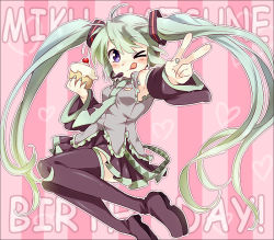 Rule 34 | &gt; &lt;, 1girl, ;q, bad id, bad pixiv id, birthday, blush, cake, detached sleeves, english text, closed eyes, female focus, food, hatsune miku, long hair, maruki (punchiki), one eye closed, pastry, solo, thighhighs, tongue, tongue out, twintails, v, very long hair, vocaloid, wink, zettai ryouiki