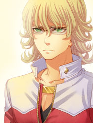Rule 34 | 10s, 1boy, barnaby brooks jr., blonde hair, frontier town, glasses, gradient background, green eyes, jacket, jewelry, male focus, necklace, red jacket, solo, tiger &amp; bunny