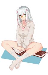Rule 34 | 1girl, aged up, alternate costume, animal ears, arknights, bad id, bad pixiv id, blush, book, breasts, casual, check translation, closed mouth, collarbone, collared shirt, commentary request, dress shirt, earbuds, earphones, glasses, green eyes, hair between eyes, highres, inniyik, istina (arknights), long hair, no shoes, russian commentary, russian text, semi-rimless eyewear, shirt, silver hair, sitting, small breasts, socks, solo, translated, translation request, under-rim eyewear, white background, white shirt, white socks, yellow-framed eyewear