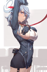 Rule 34 | 1girl, absurdres, ako (blue archive), arm up, blue archive, blue eyes, blue gloves, blue hair, blue jacket, breasts, cowboy shot, from side, gloves, gun, hair between eyes, halo, handgun, highres, jacket, large breasts, leash, long hair, looking at viewer, luger p08, shirt, sideboob, solo, standing, tesin (7aehyun), weapon, white shirt