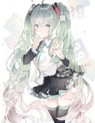 Rule 34 | 1girl, 39, ahoge, black skirt, black thighhighs, blue eyes, blush, breasts, closed mouth, commentary request, detached sleeves, fingernails, gradient hair, green hair, green nails, green necktie, hair between eyes, hair ornament, hand up, hatsune miku, highres, leaning forward, light brown hair, long hair, long sleeves, multicolored hair, nail polish, necktie, pleated skirt, shirt, siho (ricchil), skirt, sleeveless, sleeveless shirt, small breasts, smile, solo, thighhighs, twintails, very long hair, vocaloid, white background, white shirt